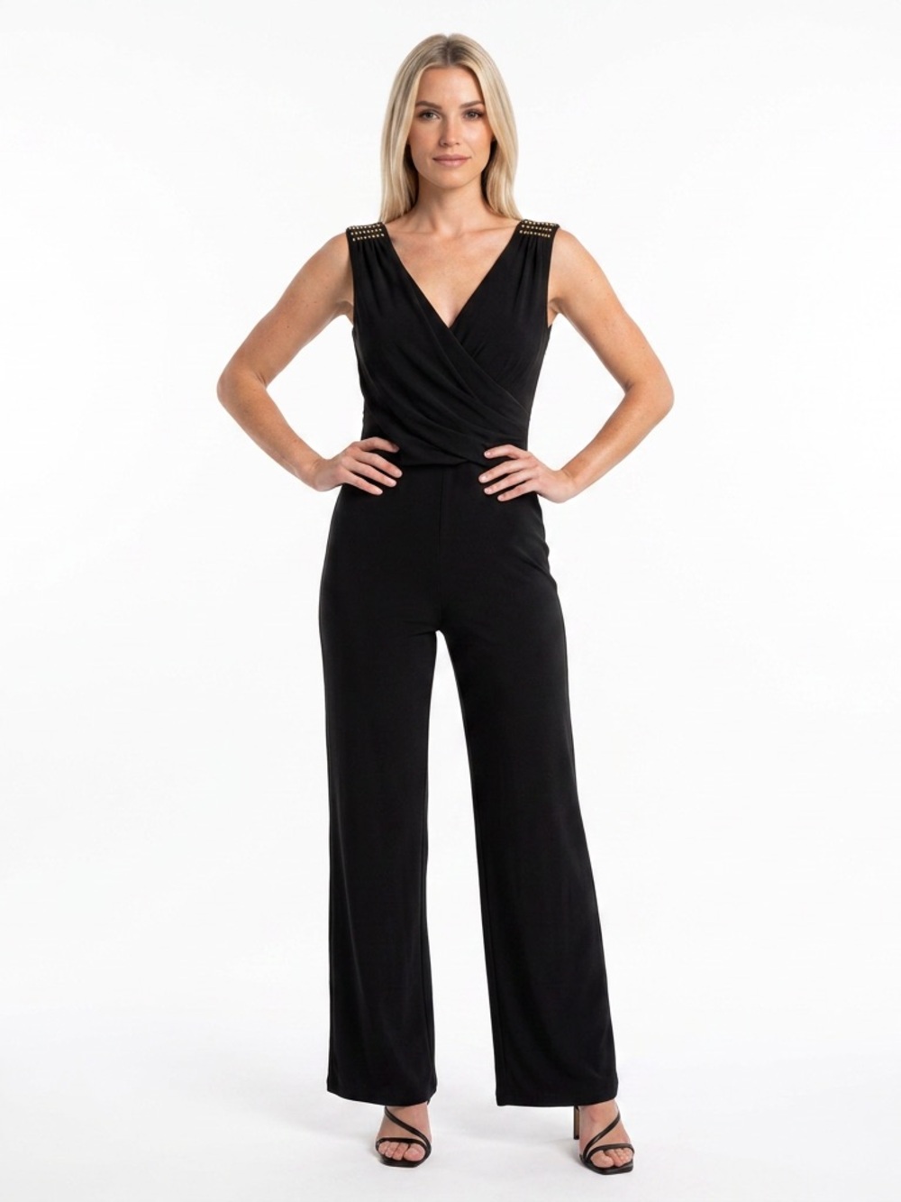 NWT White House Black Market Black V-Neck Wide-Leg Jumpsuit w/Studded Shoulders
